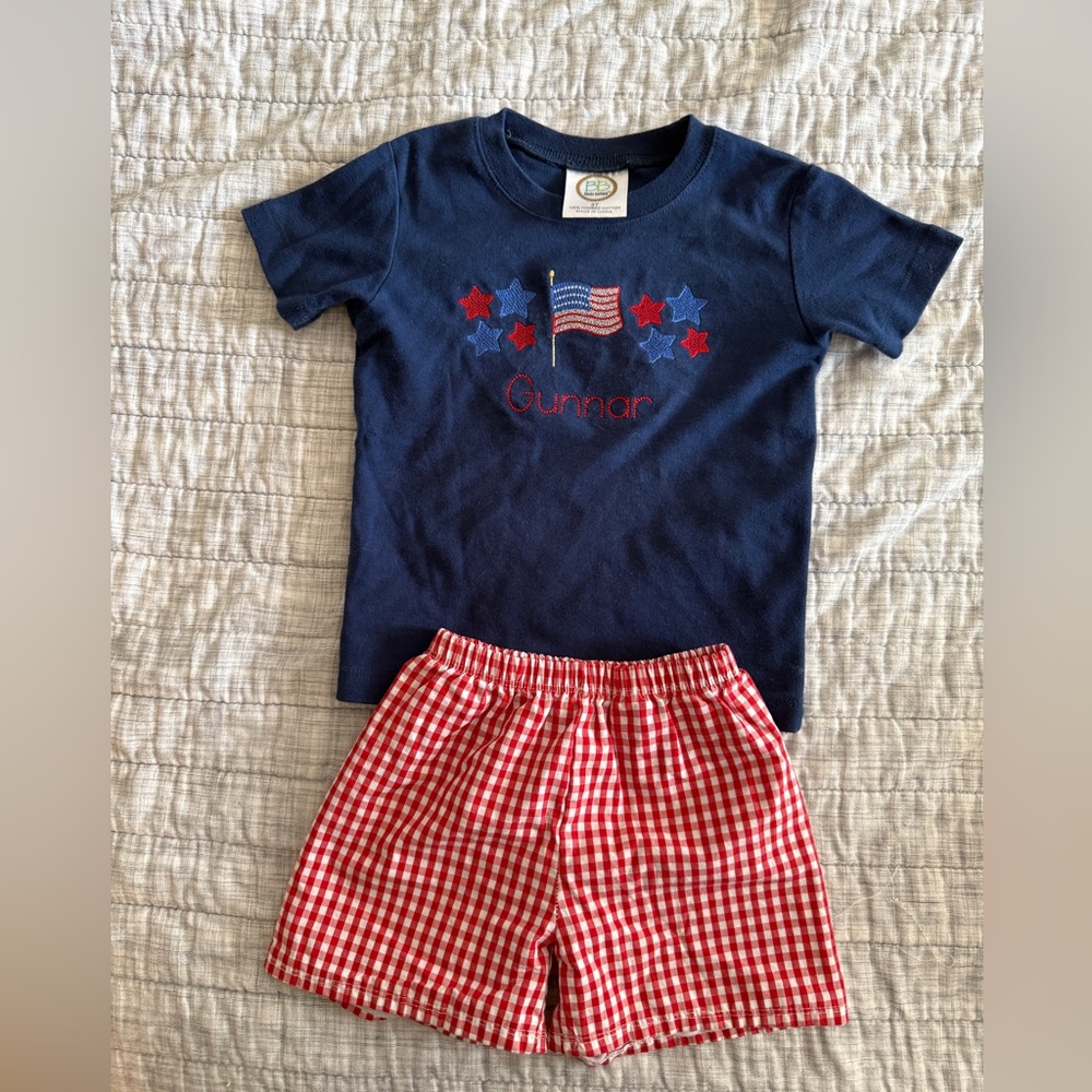 Gunnar Navy Blue T-Shirt and Red Gingham Shorts Set